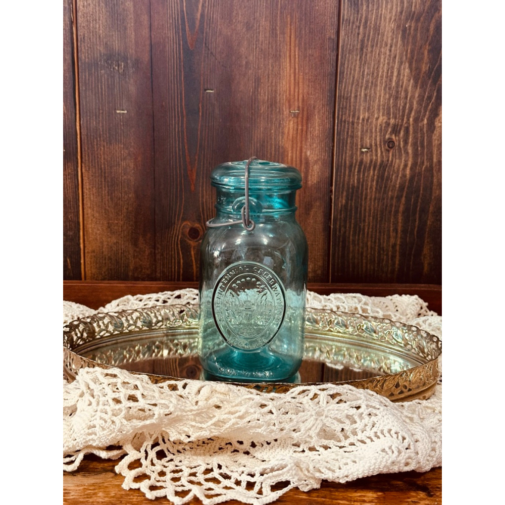 Vintage Ball Ideal Aqua Blue Glass Jar Bicentennial 1776-1976 Wire Bail Lid
